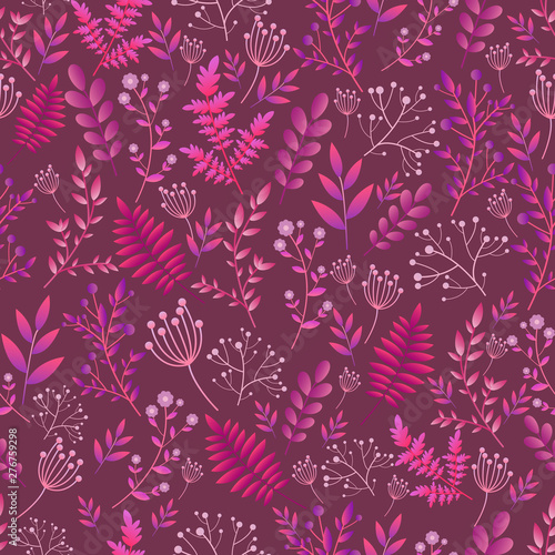 Seamless artistic abstract wild flowers pattern. Decorative flowers and plants  bright crimson-purple-pink gradient colors on ashed burgundy background.
