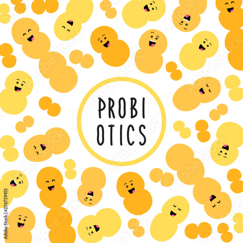 Funny probiotics bacteria family background isolated on white, gut and intestinal flora, set in flat style