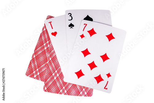 playing cards, Three, Seven, ACE. Isolated on white background