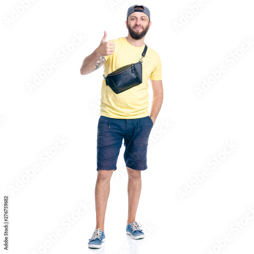 Man in shorts and cap standing happiness smiling on white background isolation