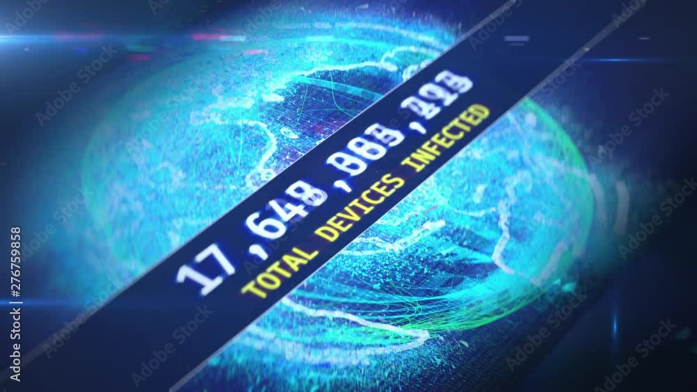 Infected devices around the world, global hacking attack, bots, virus infection. Firewall message, alert, hacking, world computer virus