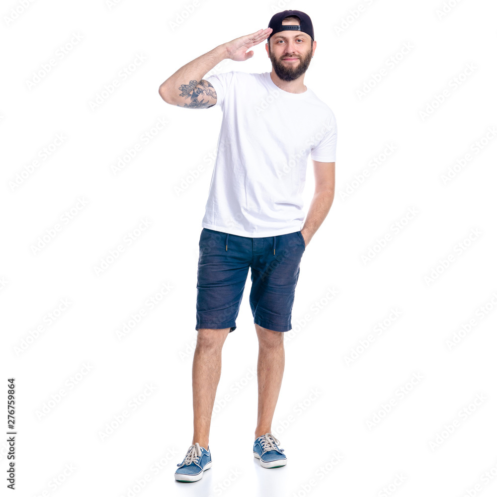 Man in shorts and cap standing happiness smiling on white background isolation Man in shorts and cap standing happiness smiling on white background isolation