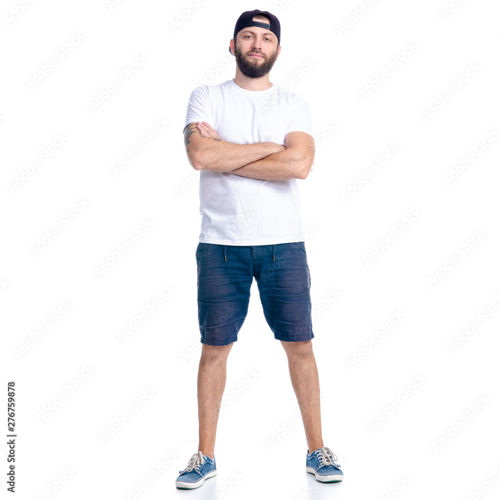 Man in shorts and cap standing happiness smiling on white background isolation - obrazy, fototapety, plakaty 