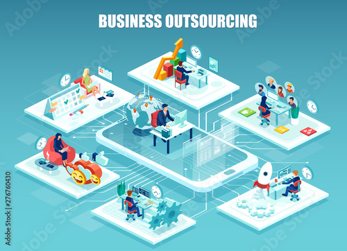 Vector of company employee working in different offices managed remotely