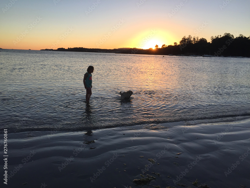 silhouettes of girl and dog on the sea