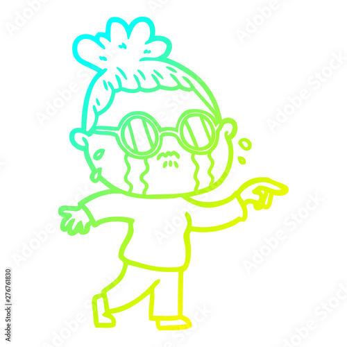 cold gradient line drawing cartoon crying woman wearing spectacles