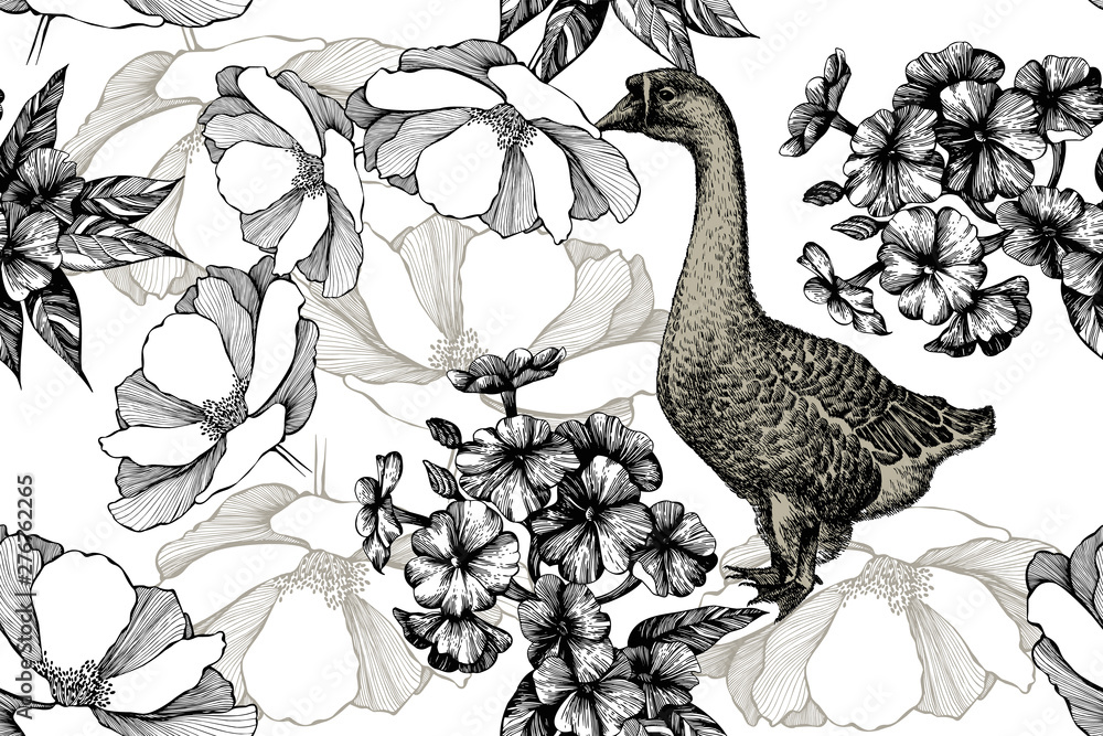 custom made wallpaper toronto digitalGoose with roses and phloxes, seamless pattern. Hand drawing, vector illustration.