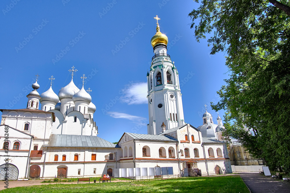 Scenic view of old kremlin in ancient touristic town Vologda in Russian Federation. Beautiful summer sunny look of ancient orthodox temple in fortress in urban area of capital of russian province