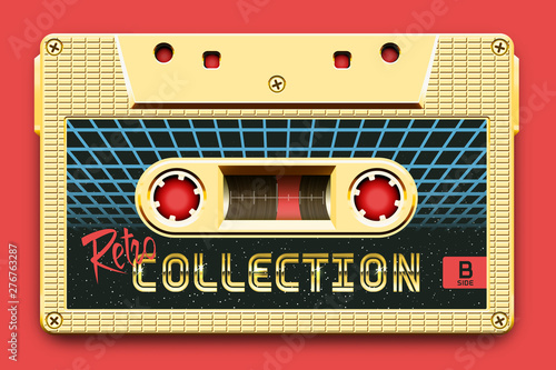 Relistic Golden Audio Cassette, Retro Collection, Mixtape in Style of 80s and Retrowave, Synthwave, Vaporwave or Outrun