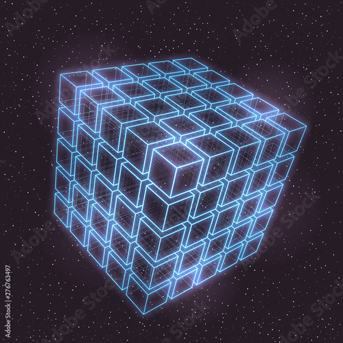 Vector Retro Futuristic Illustration in Style of 80s. Laser Neon Mesh Cubes Matrix in Outer Space
