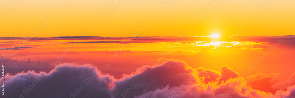Sky panoramic background plane or top of mountain view at sunset of dusk above the clouds banner.