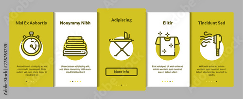 Laundry Service Vector Onboarding Mobile App Page Screen. Laundry Service, Washing Clothes Linear Pictograms. Laundromat, Dry-Cleaning, Launderette, Stain Removal, Ironing Color Contour Illustration