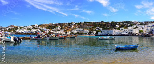 panoramic view of the port of Mykonos, the famous Greek island of Cyclades in the heart of the Aegean Sea