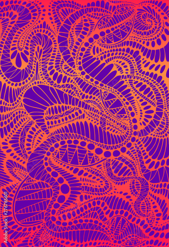 Vintage psychedelic colorful doodle pattern. Gradient neon orange colors, isolated violet background. Decorative surreal tribal pattern with maze of ornaments. Vector fantasy texture.
