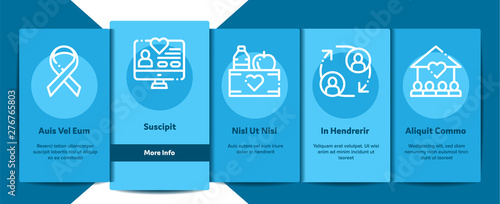 Volunteers Support Vector Onboarding Mobile App Page Screen. Volunteers Support, Charitable Organizations Linear Pictograms. Blood Donor, Food Donations, Financial Help, Humanitarian Aid Illustration