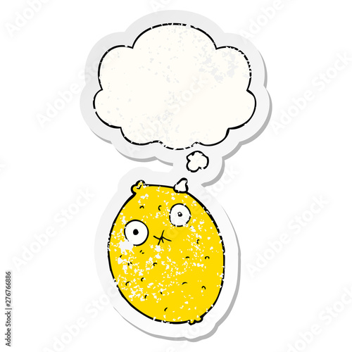 cartoon bitter lemon and thought bubble as a distressed worn sticker