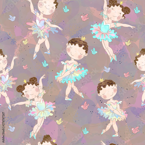 Seamless pattern. Lovely girls ballerinas dancing. Vector