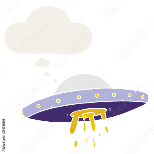 cartoon flying UFO and thought bubble in retro style