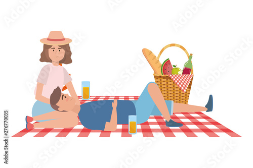 Couple of woman and man having picnic design