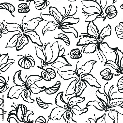 Seamless vector hand drawn floral pattern Bauhinia national Hong Kong flower, exotic  orchid tree plant.