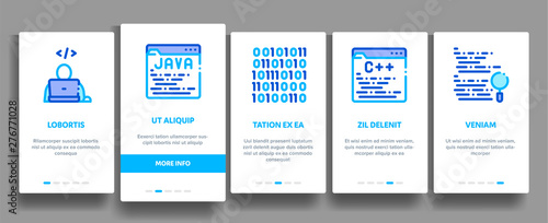 Coding System Vector Onboarding Mobile App Page Screen. Binary Coding System, Data Encryption Linear Pictograms. Web Development, Programming Languages, Bug Fixing, HTML, Script Illustration
