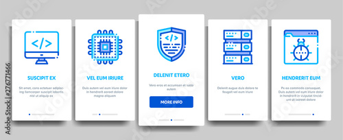 Coding System Vector Onboarding Mobile App Page Screen. Binary Coding System, Data Encryption Linear Pictograms. Web Development, Programming Languages, Bug Fixing, HTML, Script Illustration