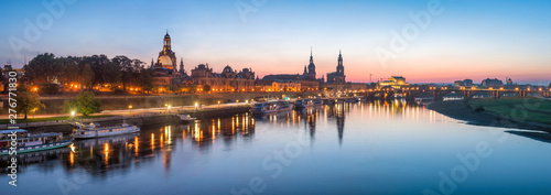 Dresden skyline panorama along the Elbe river at dusk, Saxony, Germany
