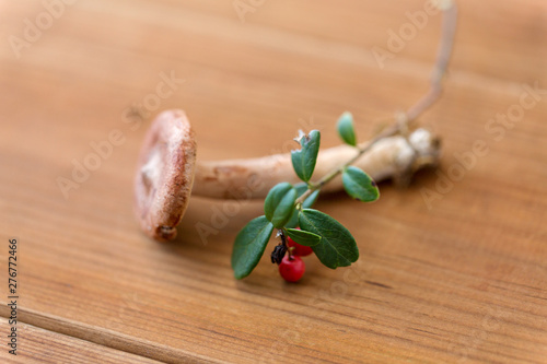 Fototapeta Naklejka Na Ścianę i Meble -  nature and environment concept - cowberry and lactarius rufus mushroom on wooden background