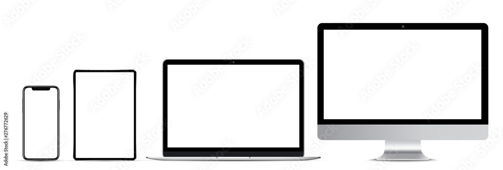 computer, tablet, laptop and smartphone on a white background