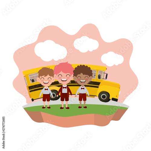 students boys with school bus on the highway