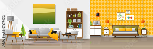 Vintage house interior background with living room and bedroom combination , vector , illustration