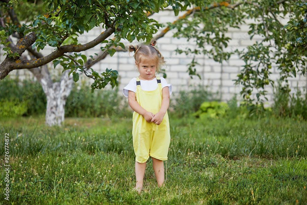 Upset and serious Little girl at the summer garden, organic fruits. Upset and serious Little girl at the summer garden, organic fruits.