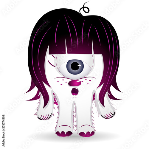 White one-eyed monster with purple hair. Surprised newcomer. Animated hero.