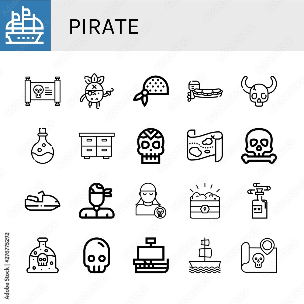 Set of pirate icons such as Galleon, Treasure map, Pirate, Bandana, Motorboat, Skull, Poison, Chest, Treasure, Caravel , pirate Set of pirate icons such as Galleon, Treasure map, Pirate, Bandana, Motorboat, Skull, Poison, Chest, Treasure, Caravel , pirate