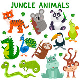Set of cartoon cute jungle animals. Vector flat illustration.