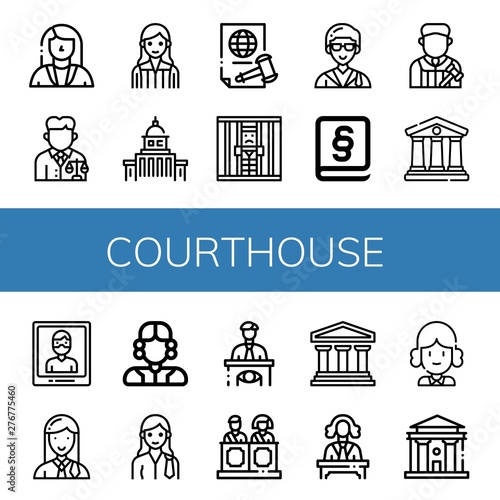 Set of courthouse icons such as Lawyer, Judge, Government, Justice, Jail, Law, Courthouse, Arrest, Eyewitness, Jury, Legal , courthouse