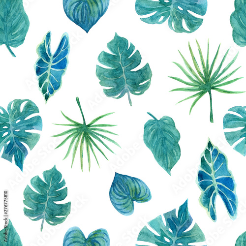 Seamless pattern with lush greenery of tropical plants. © arctic_sagebrush