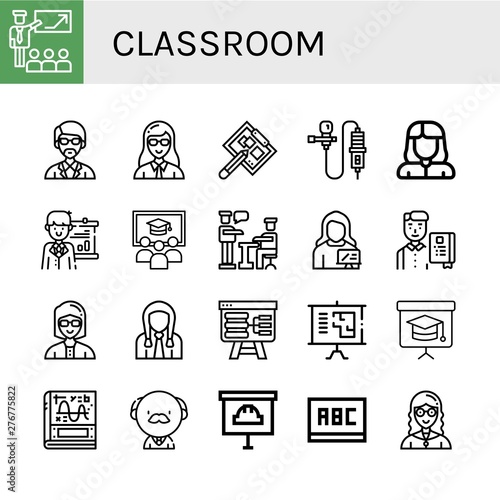 Set of classroom icons such as Presentation, Instructor, Teacher, Drawing board, Lavalier, Class, Student, Blackboard, Calculus, Professor , classroom