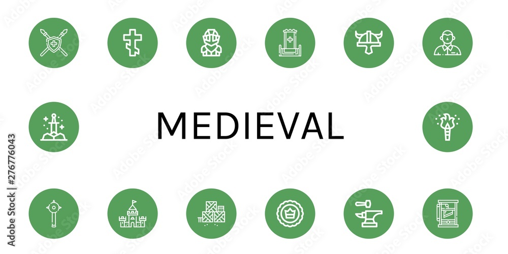 Set of medieval icons such as Spear, Orthodox cross, Knight, Throne, Viking helmet, Defendant, Mace, Castle, Defense, Crown, Anvil, Guillotine, Sword, Torch , medieval Set of medieval icons such as Spear, Orthodox cross, Knight, Throne, Viking helmet, Defendant, Mace, Castle, Defense, Crown, Anvil, Guillotine, Sword, Torch , medieval
