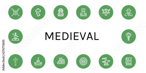 Set of medieval icons such as Spear, Orthodox cross, Knight, Throne, Viking helmet, Defendant, Mace, Castle, Defense, Crown, Anvil, Guillotine, Sword, Torch , medieval