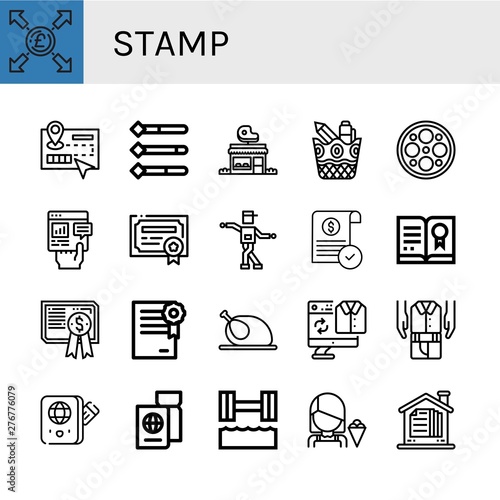 Set of stamp icons such as Pound, Guide, Information, Butcher shop, Stationery, Surgery lamp, Report, Patent, Shuffle, Approve, Certificate, Chicken, Second hand, Passport , stamp