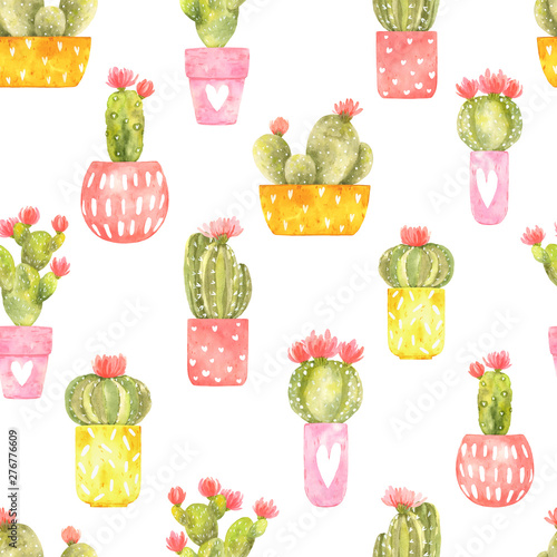 Seamless watercolor pattern with сute blooming cactus in bright pots