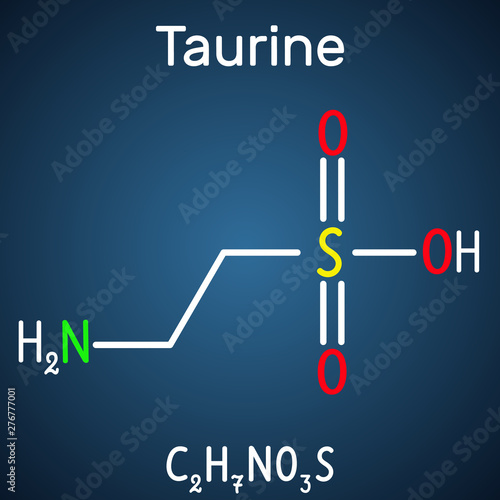 Taurine or 2-aminoethanesulfonic acid molecule. It is sulfonic acid, is widely distributed in animal tissues. Structural chemical formula on the dark blue background