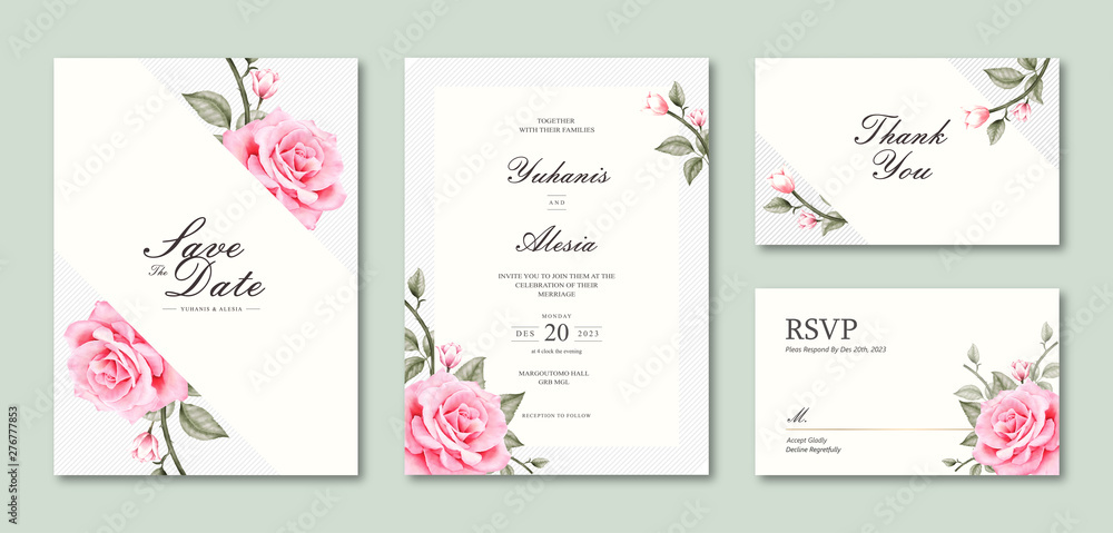 Elegant watercolor wedding card with rose flower