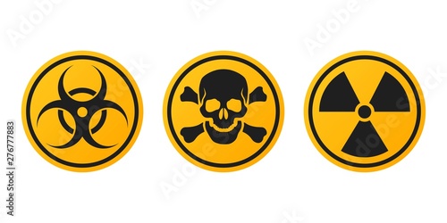Set of danger signs in yellow circle. Biohazard, toxic and radiation  symbols. Warning hazard sign. Template for your design.