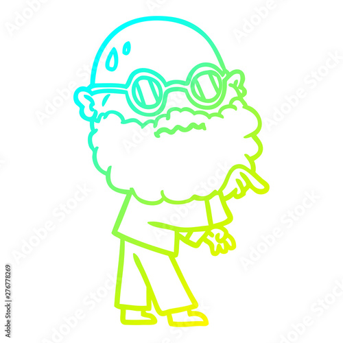 cold gradient line drawing cartoon worried man with beard and spectacles pointing finger