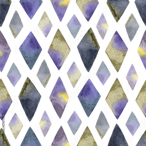 Abstract seamless pattern with watercolor rhombus in violet, yellow, blue and grey colors. Hand painted background with geometric shapes