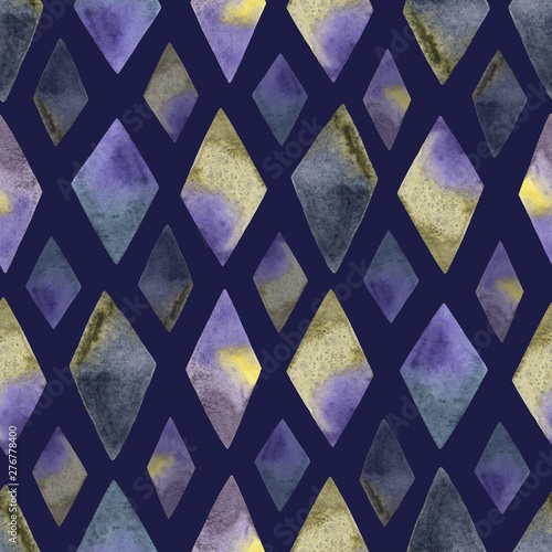 Seamless pattern with watercolor rhombus in violet, yellow, blue and grey colors