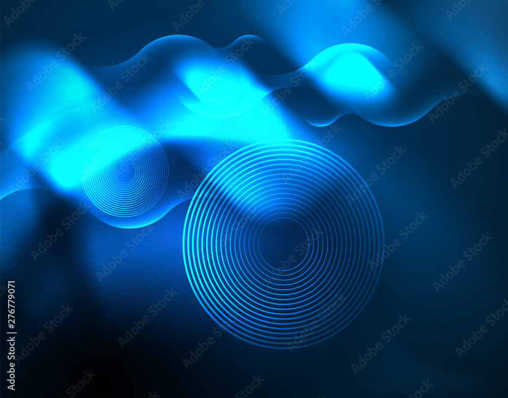 Fototapeta premium Neon glowing wave lines, blue hi-tech futuristic abstract background template