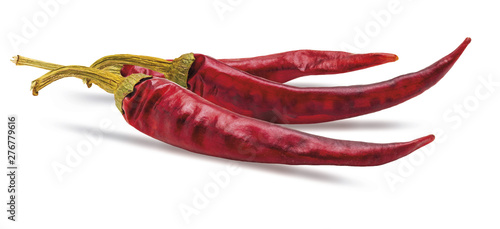 3 dry red chilli peppers. Isolated on white background.